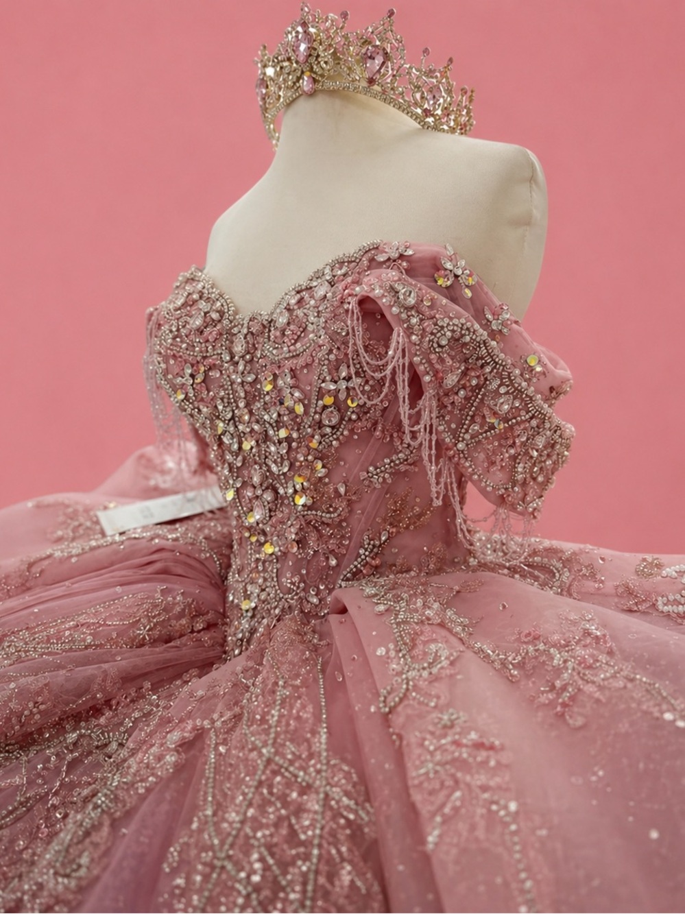 Beaded Dusty Rose Ball Gown with Tiara